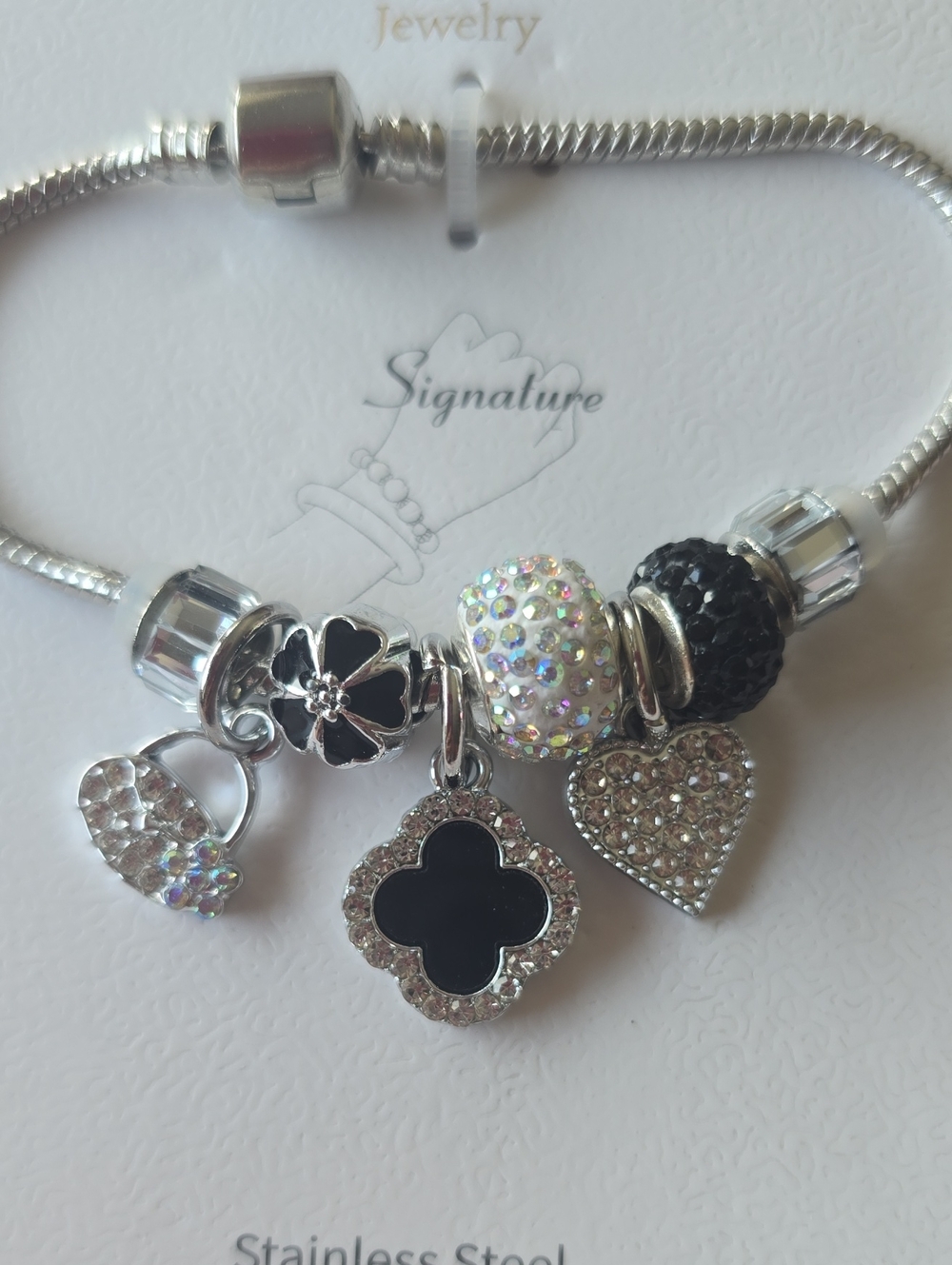 Silver Charm Bracelet with Black and Crystal Accents